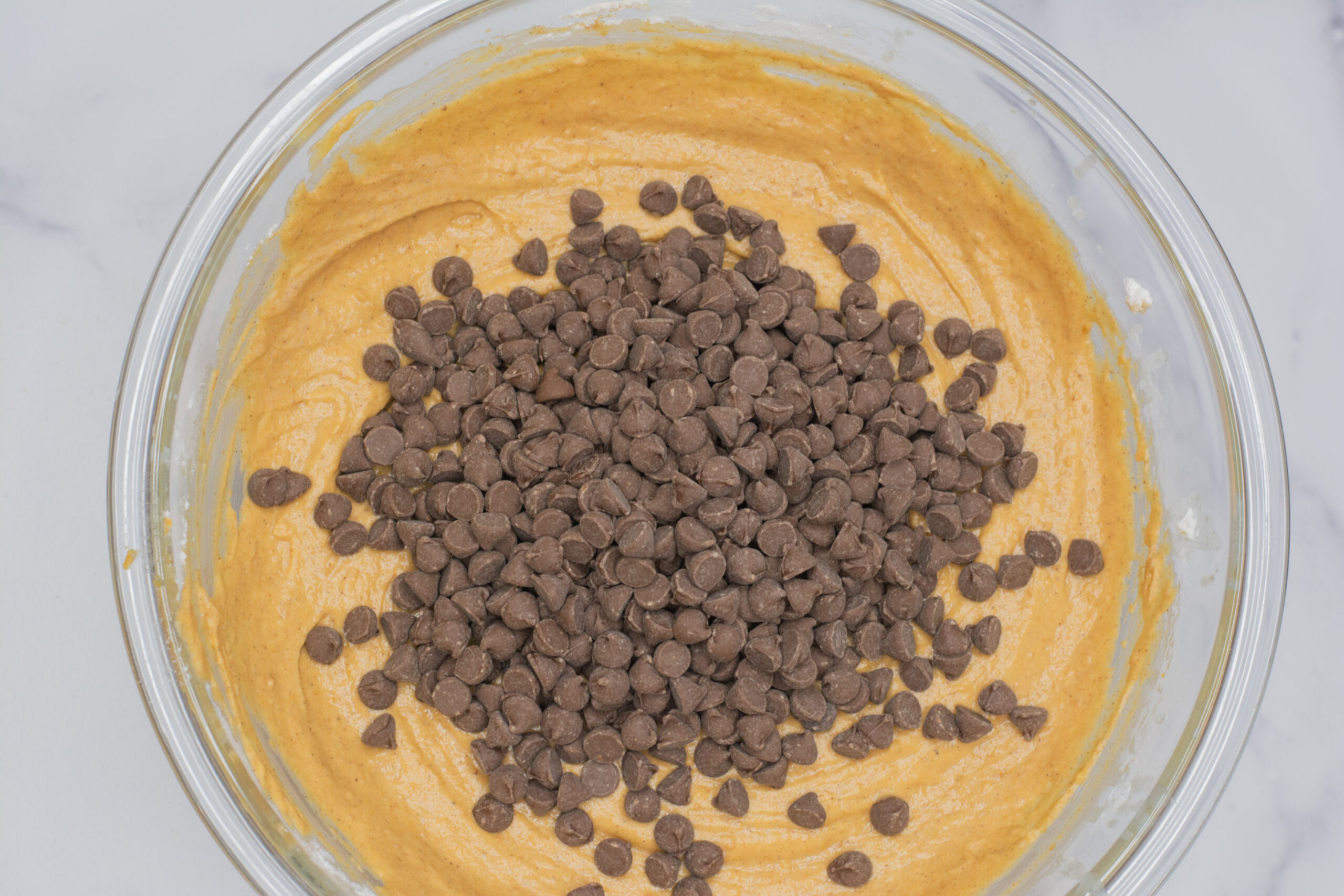 Chocolate chips added to the batter.