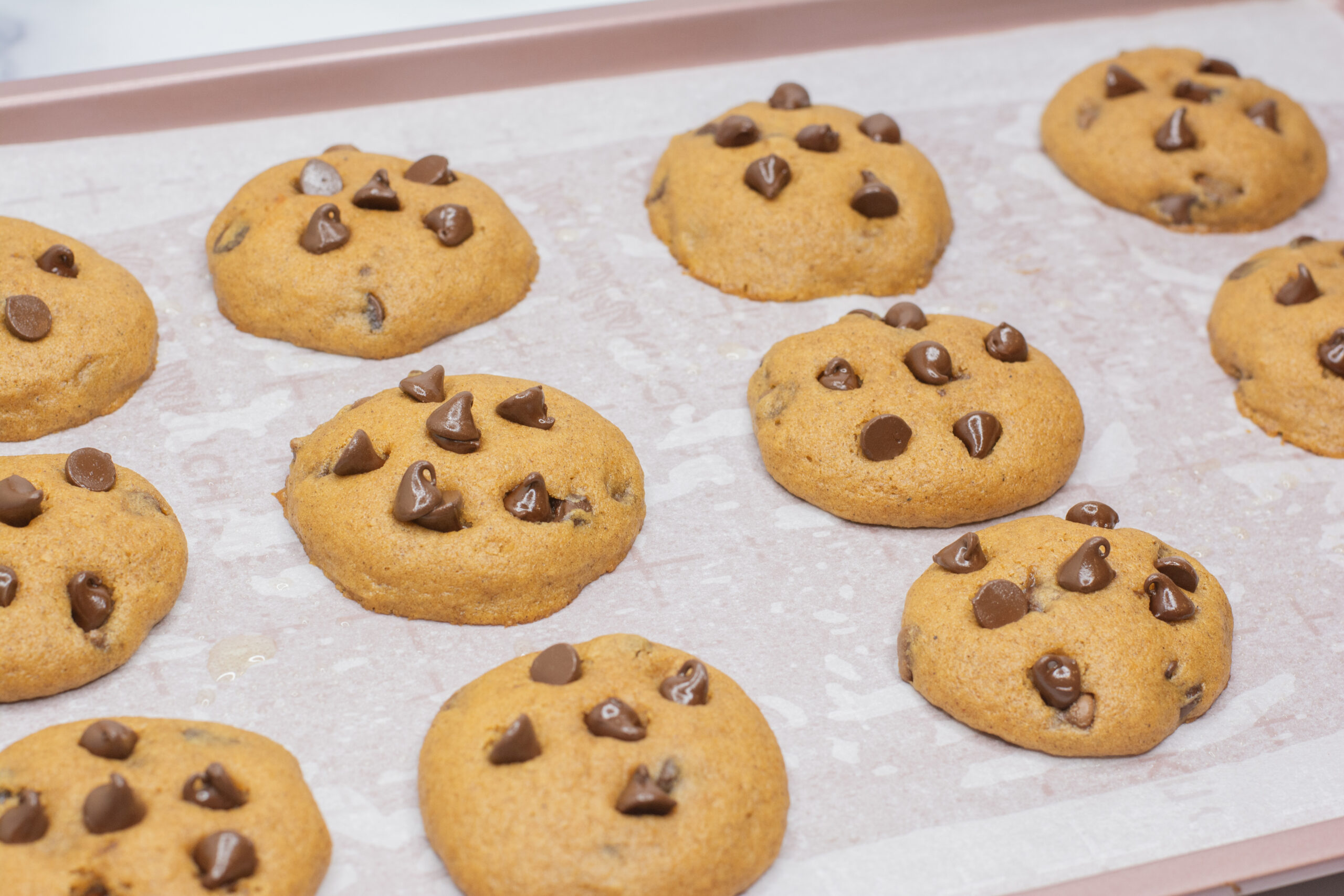 pumpkin chocolate chip cookies on a baking sheet with melted chocolate chips