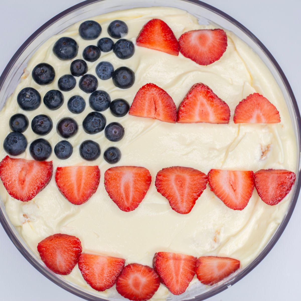Angel Food Cake Trifle with fruit shaped like American Flag