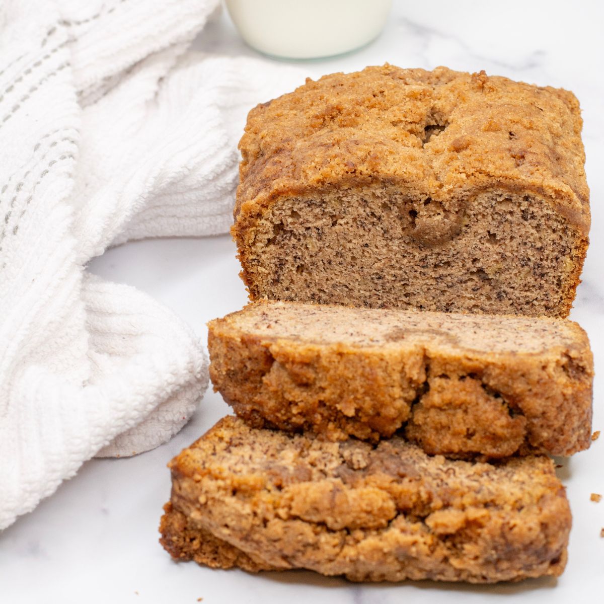Cinnamon Streusel Banana Bread sliced into pieces