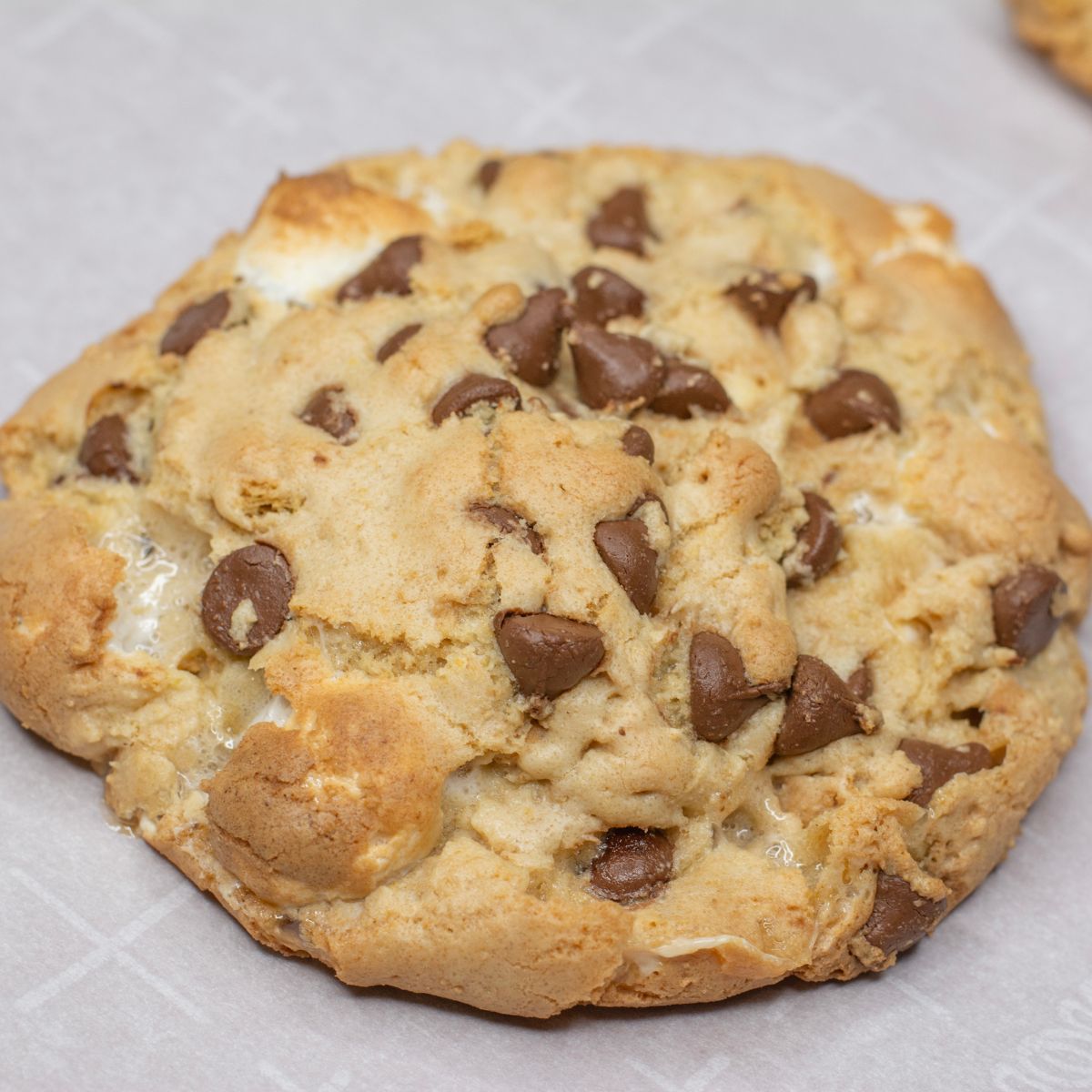 One large cookie on a baking sheet