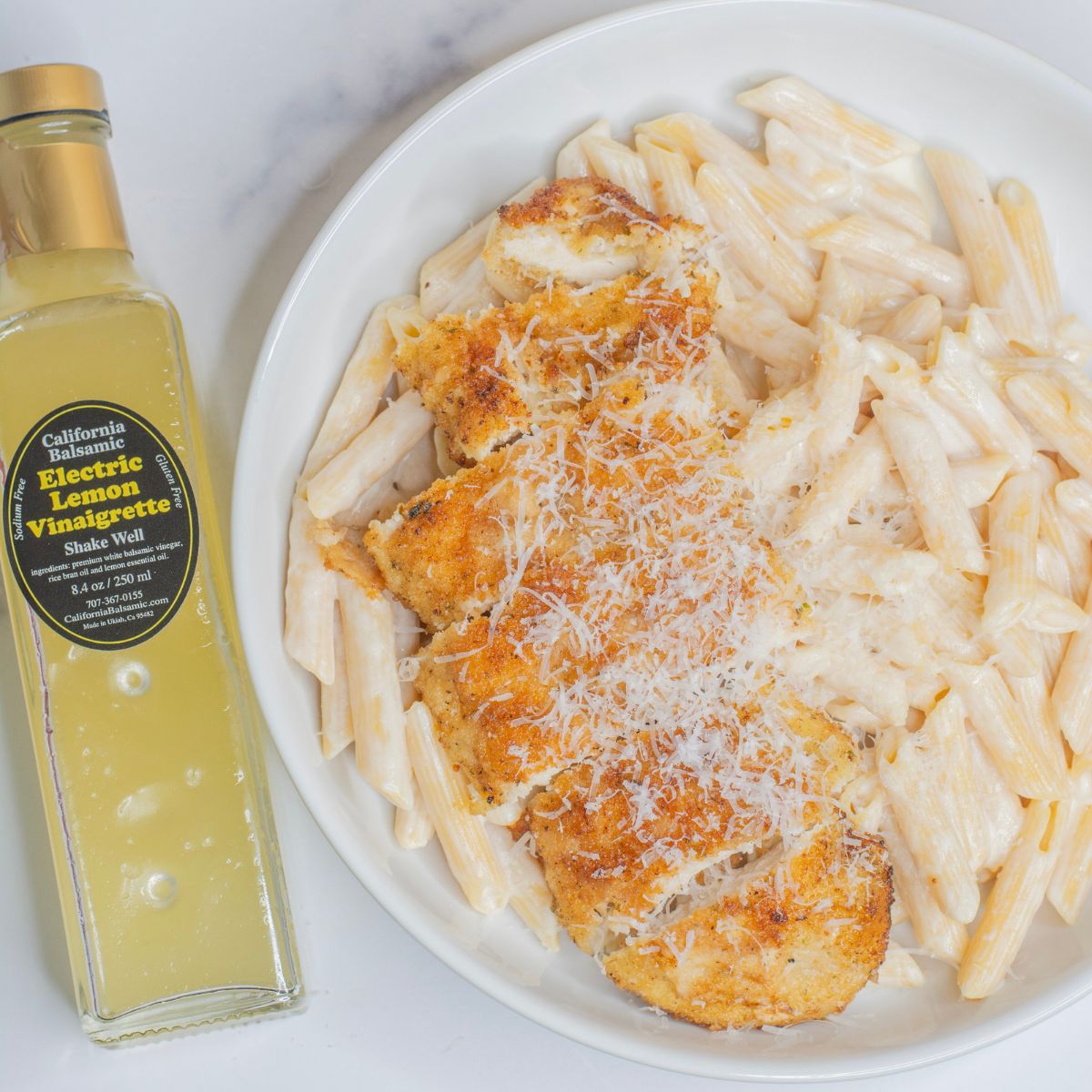 Lemon & Chicken pasta on a dish.