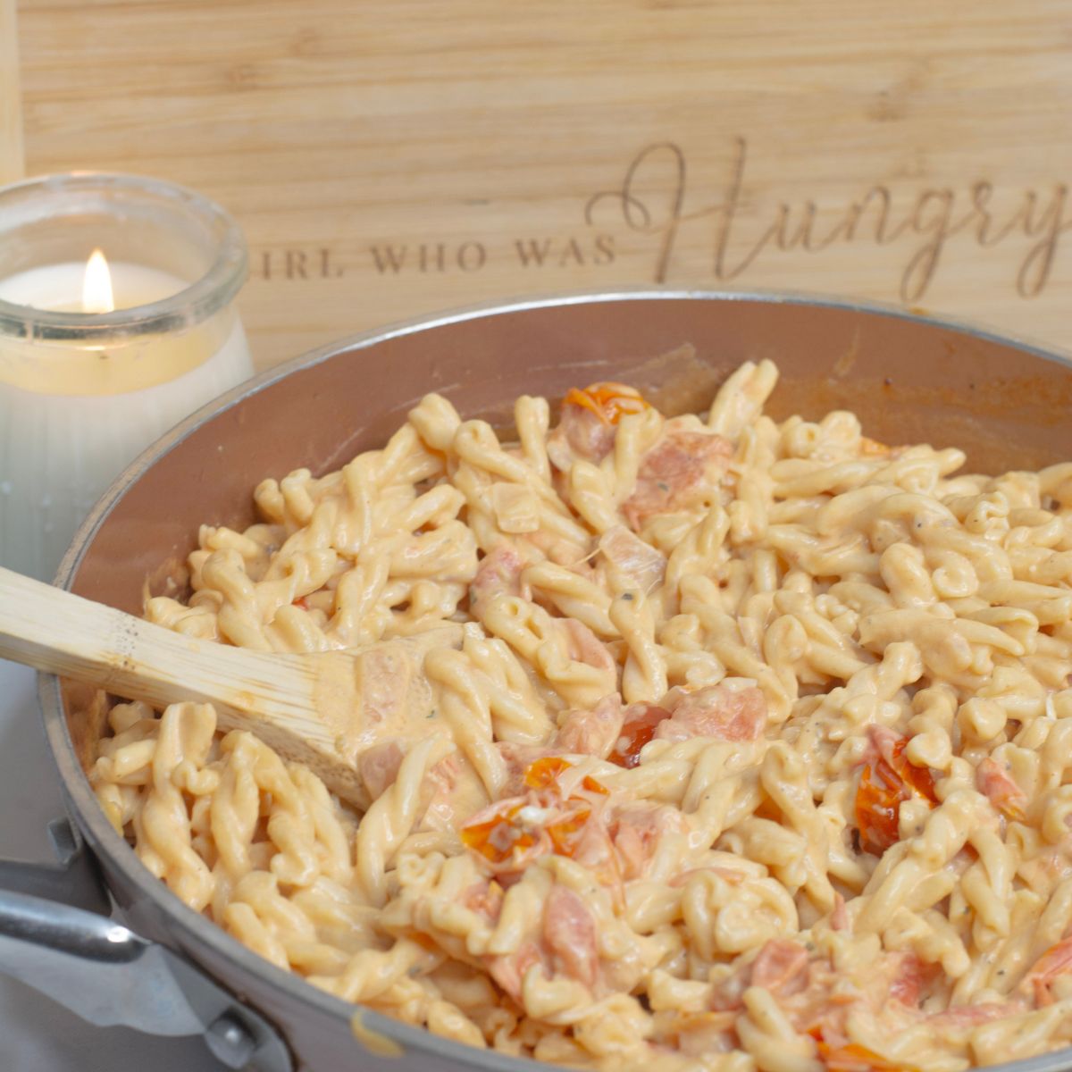 Creamy Boursin pasta with tomatoes, onions and garlic. 
