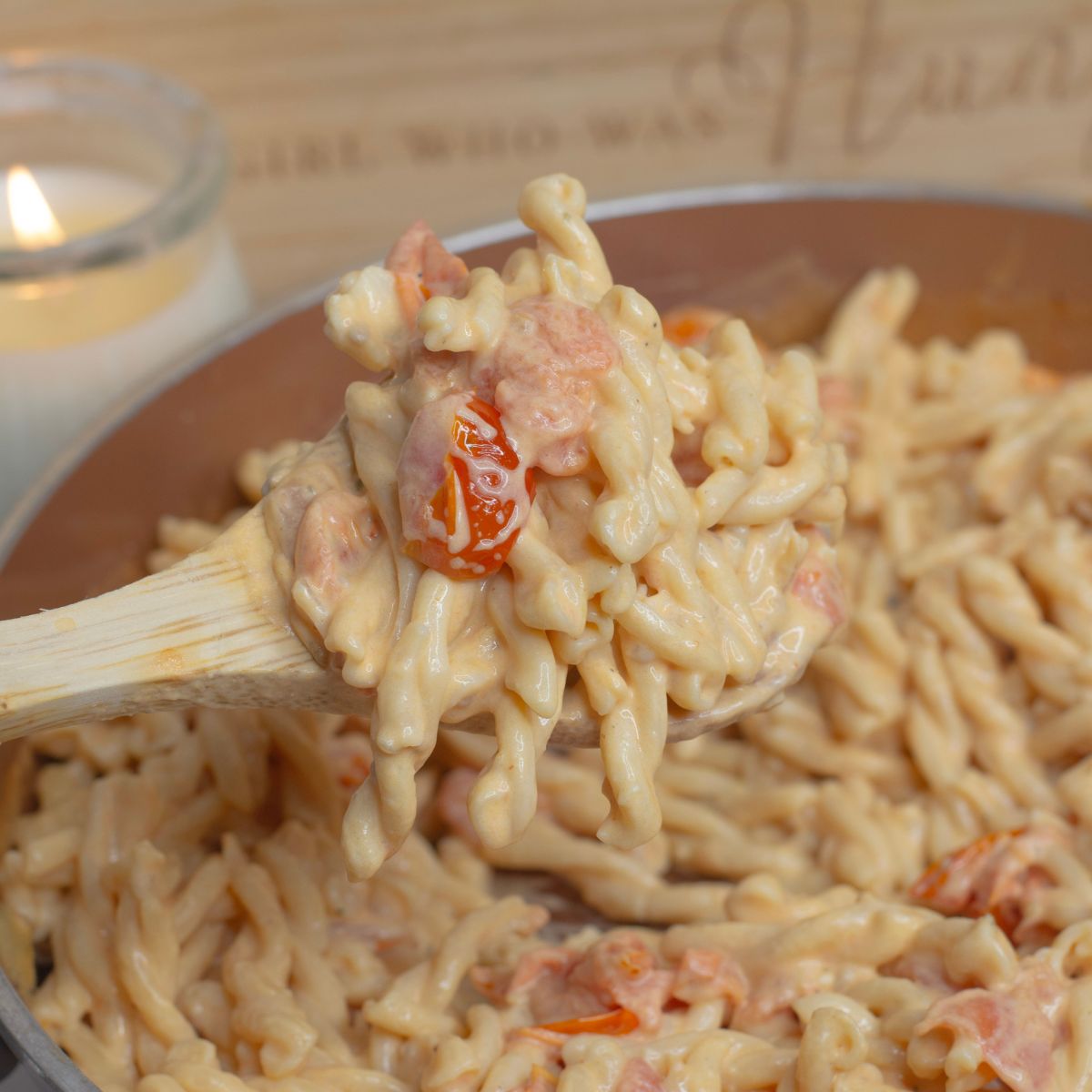 Tomato Boursin Pasta in a pan on the counter