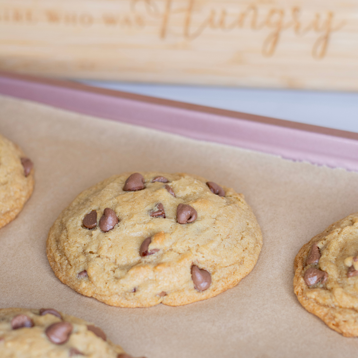Brown Butter Sourdough Discard Chocolate Chip Cookies on a baking sheet.