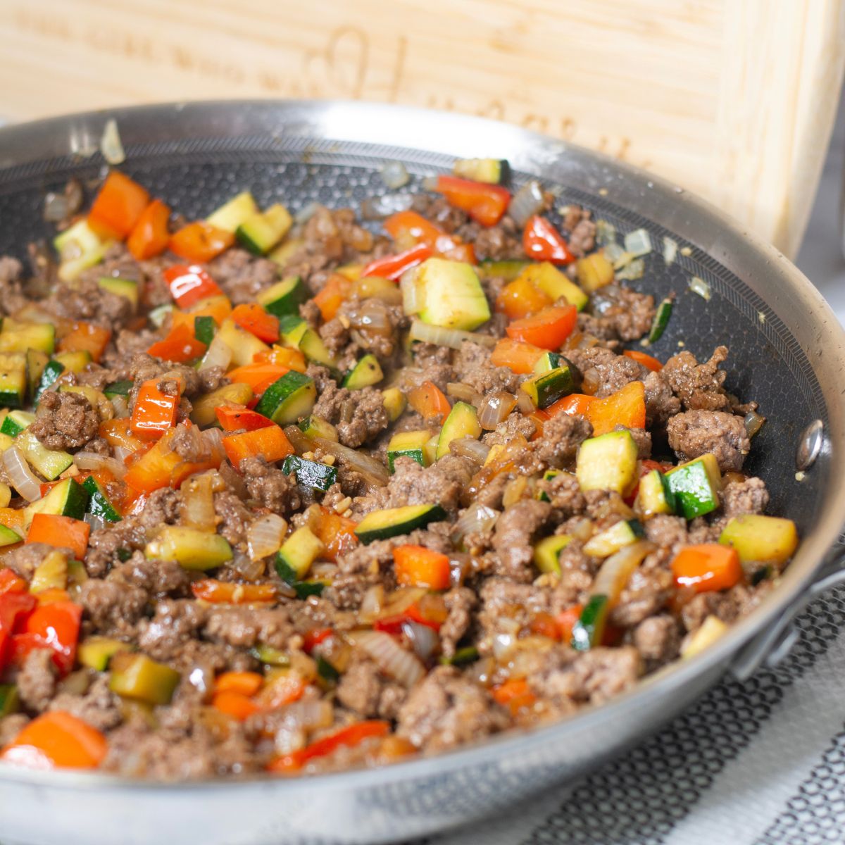 Ground Beef Stir Fry with vegetables in a pan. 
