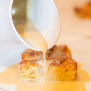 Bread pudding with caramel sauce over the top.