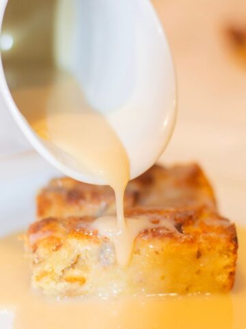 Bread pudding with caramel sauce over the top.