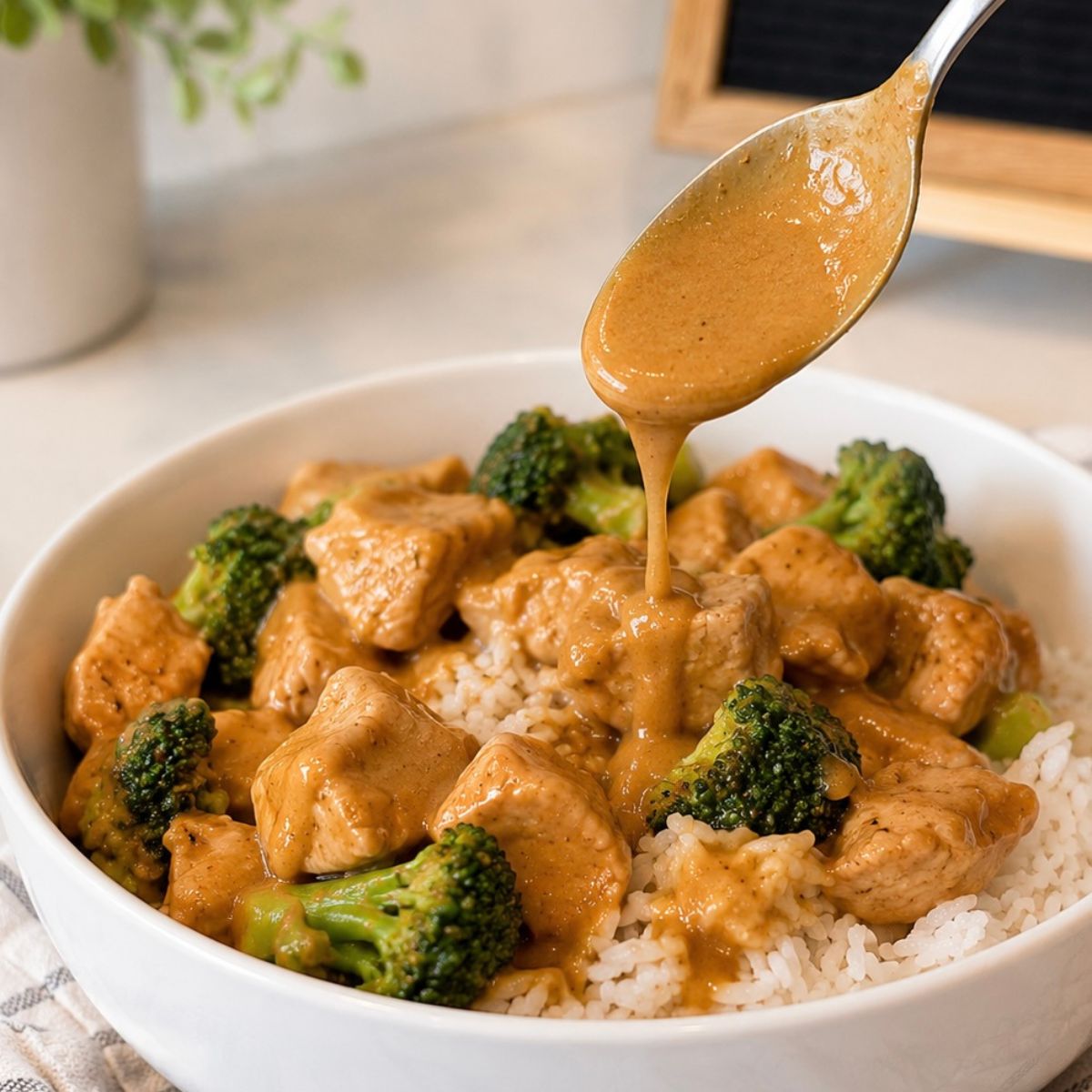 A spoon pouring peanut butter sauce into a bowl with the peanut butter chicken, rice and broccoli.