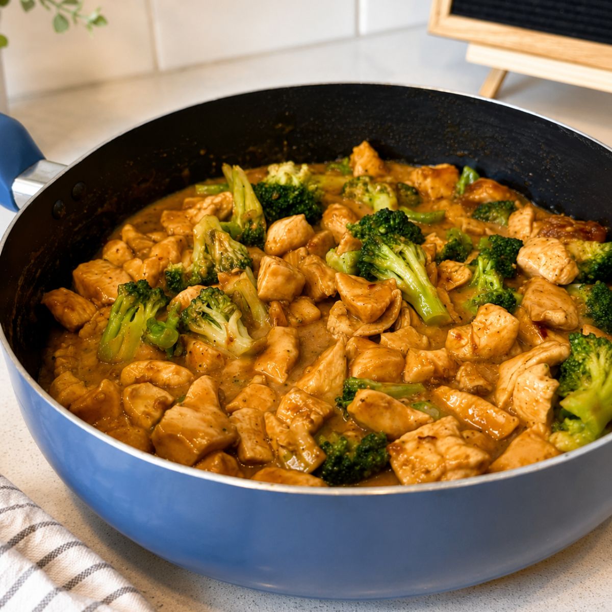 Peanut butter chicken dinner in a large frying pan with broccoli.