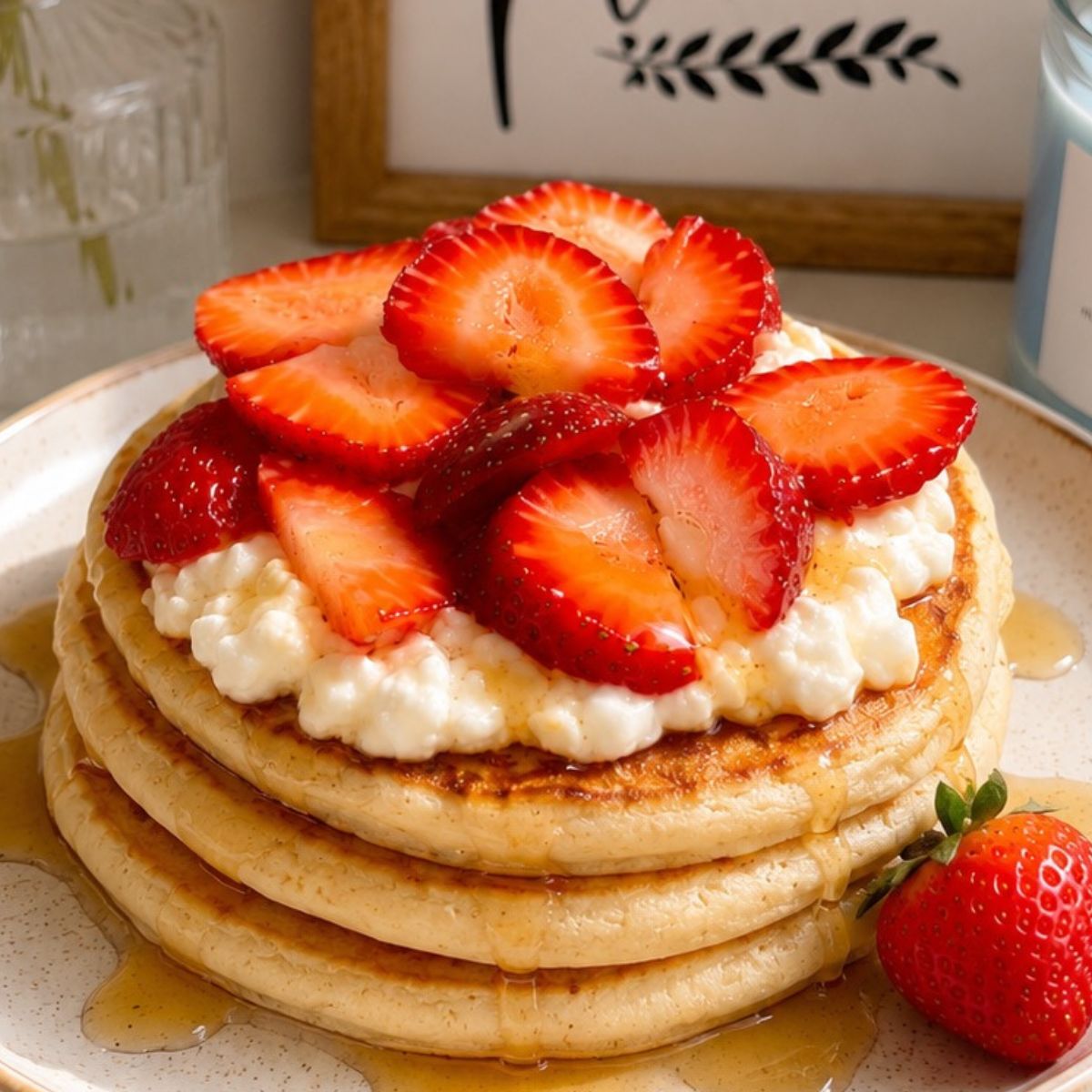Toppings on top of a stack of pancakes.